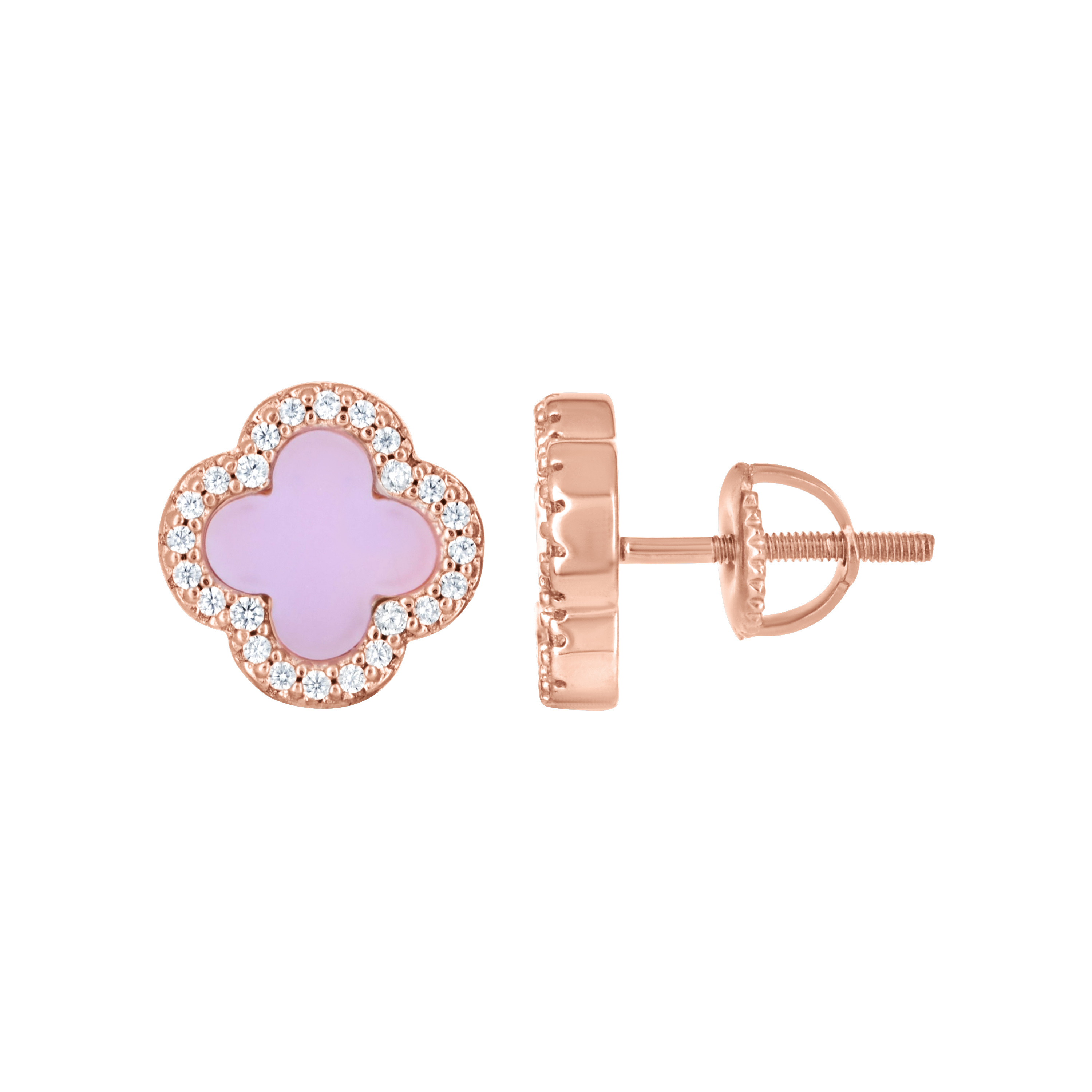 925 Sterling Silver Rose Cubiczirconia Purple Enameled Clover Stud Earrings 10mm
